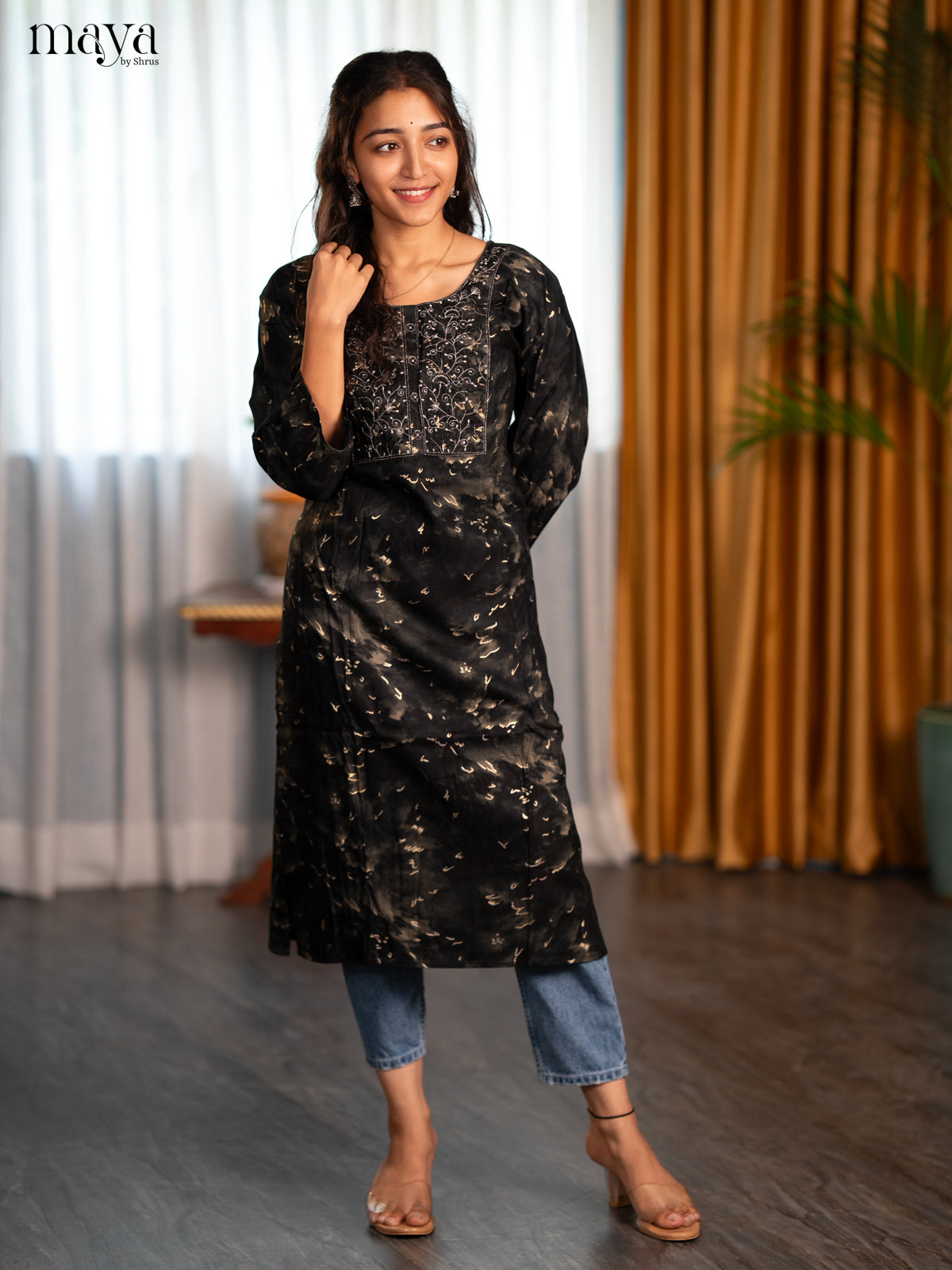 Dual Tone Olive green with Black Printed Rayon Straight Kurti - Shop on Shrus.com