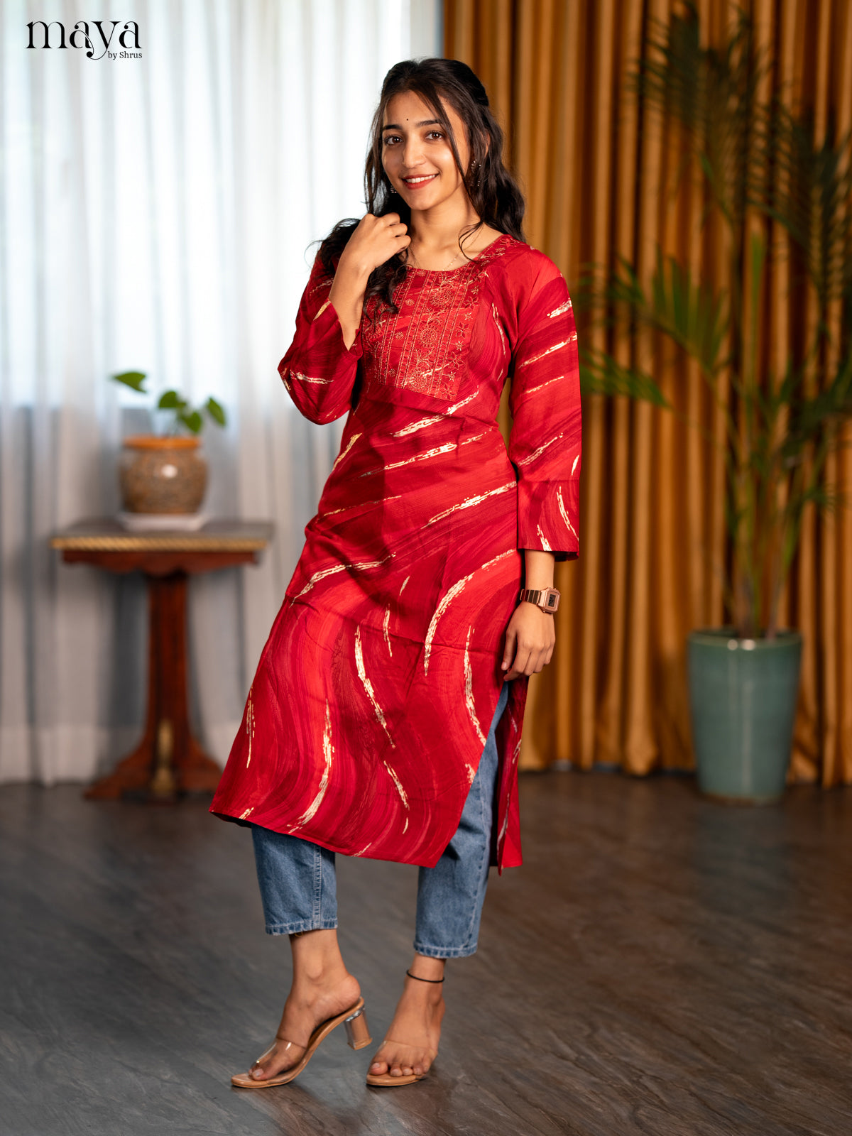 Reddish Pink Printed Rayon Straight Kurti - Shop on Shrus.com