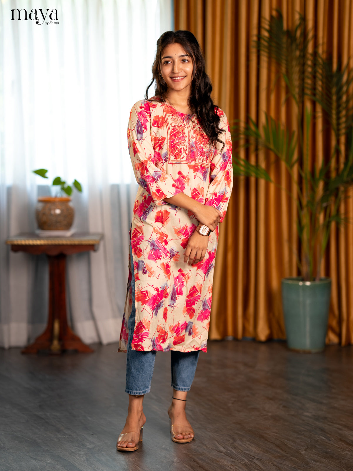 Cream Abstract Printed Rayon Straight Kurti - Shop on Shrus.com