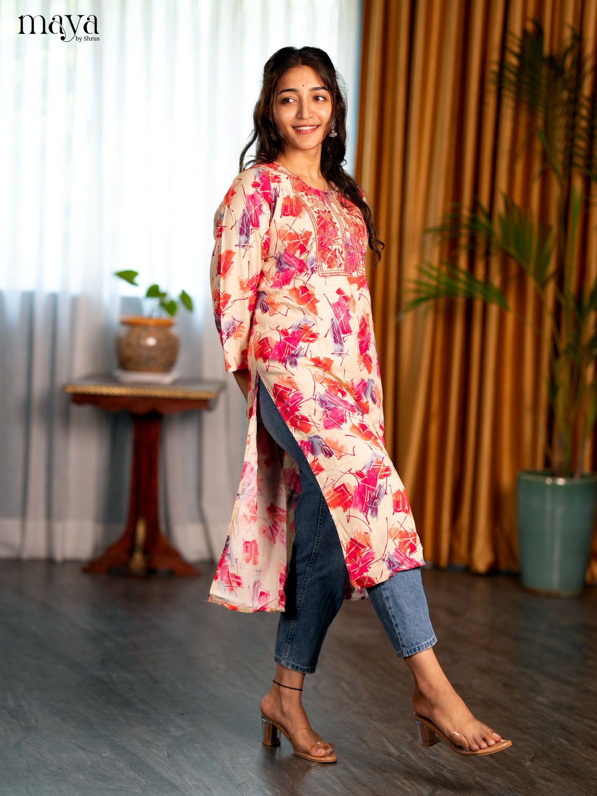 Cream Abstract Printed Rayon Straight Kurti - Shop on Shrus.com