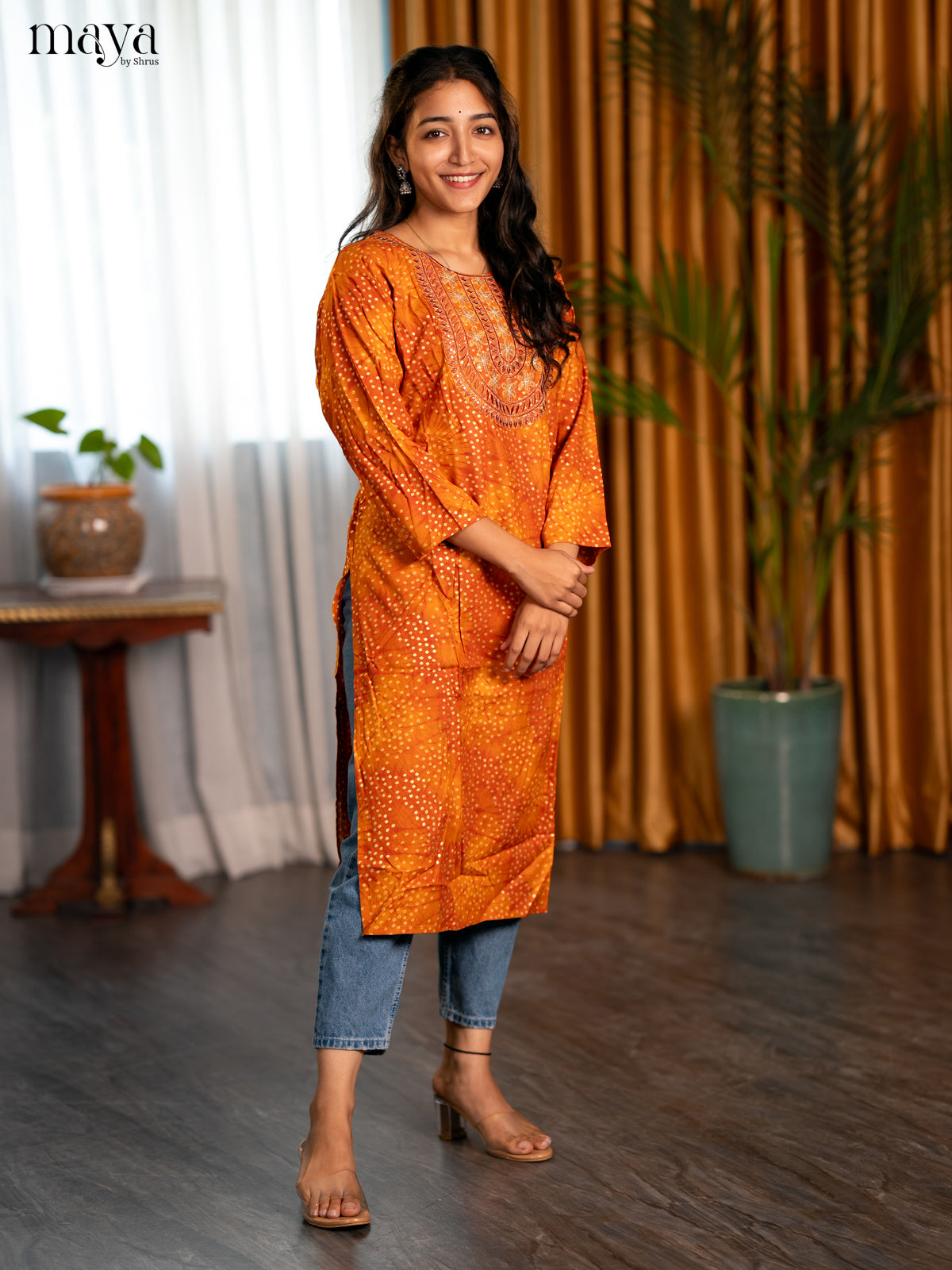 Mustrad with Orange Bandhani Printed Rayon Straight Kurti - Shop on Shrus.com