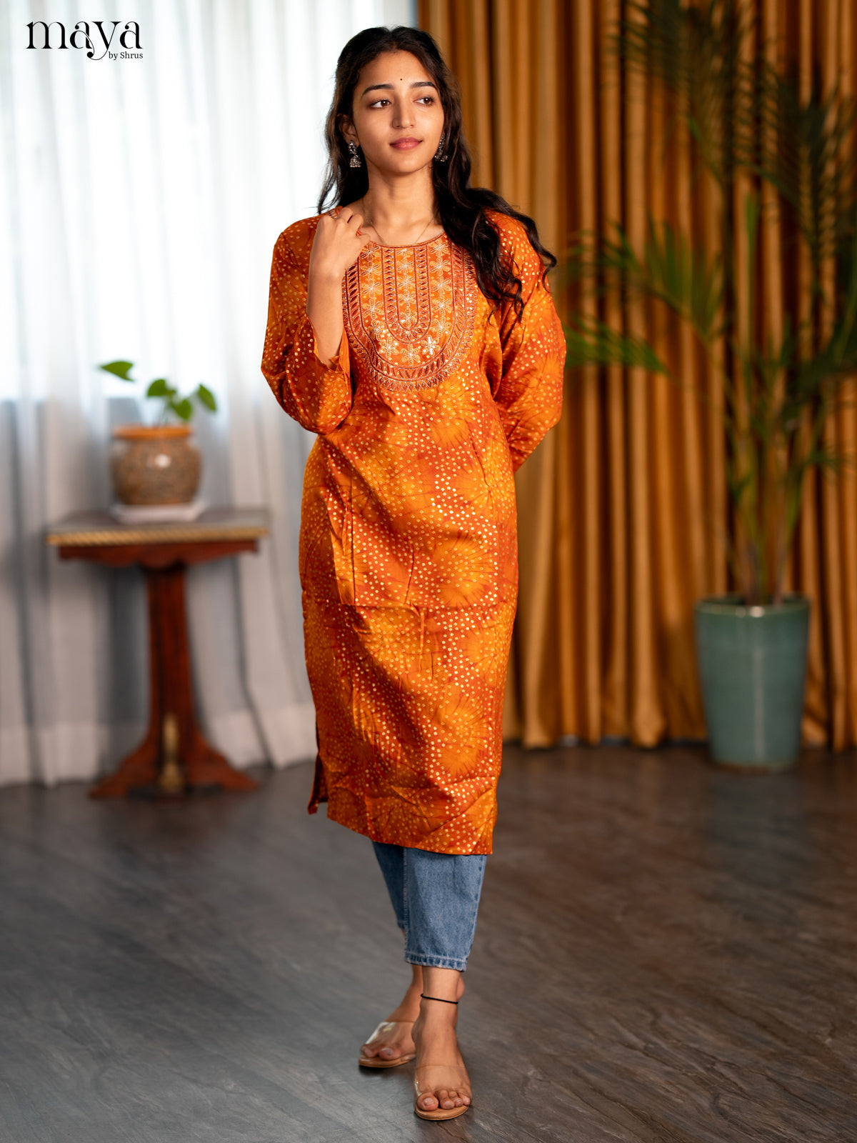 Mustrad with Orange Bandhani Printed Rayon Straight Kurti - Shop on Shrus.com