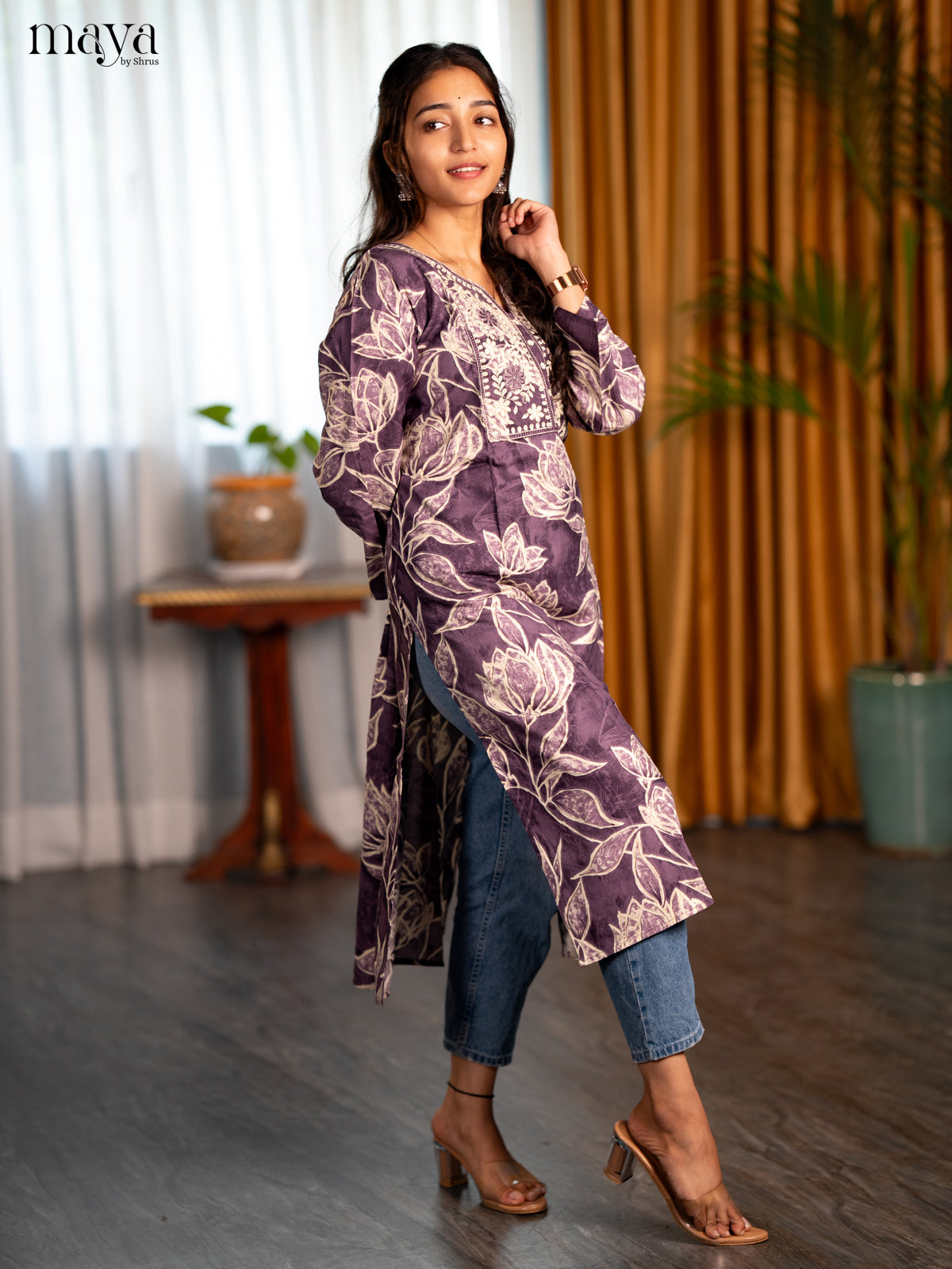 Purple Embroidered Rayon Straight Kurti - Shop on Shrus.com