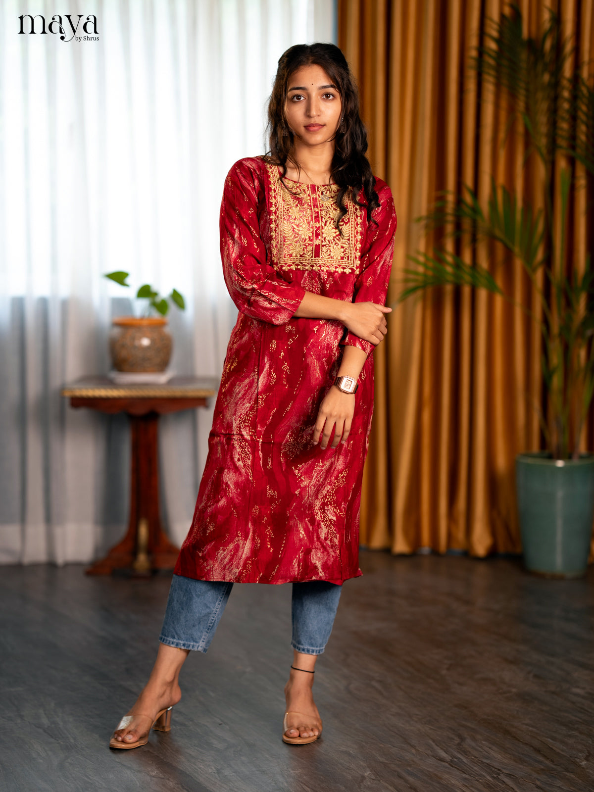 Maroon Printed Rayon Straight Kurti - Shop on Shrus.com