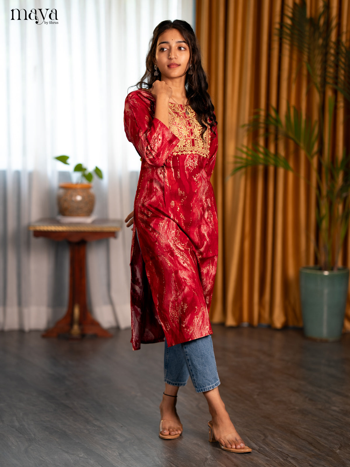 Maroon Printed Rayon Straight Kurti - Shop on Shrus.com
