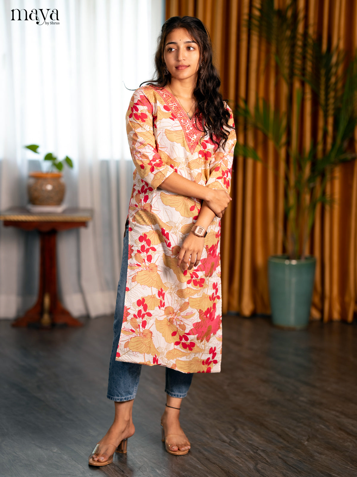 White with Pink Floral Printed Cotton Straight Kurti - Shop on Shrus.com