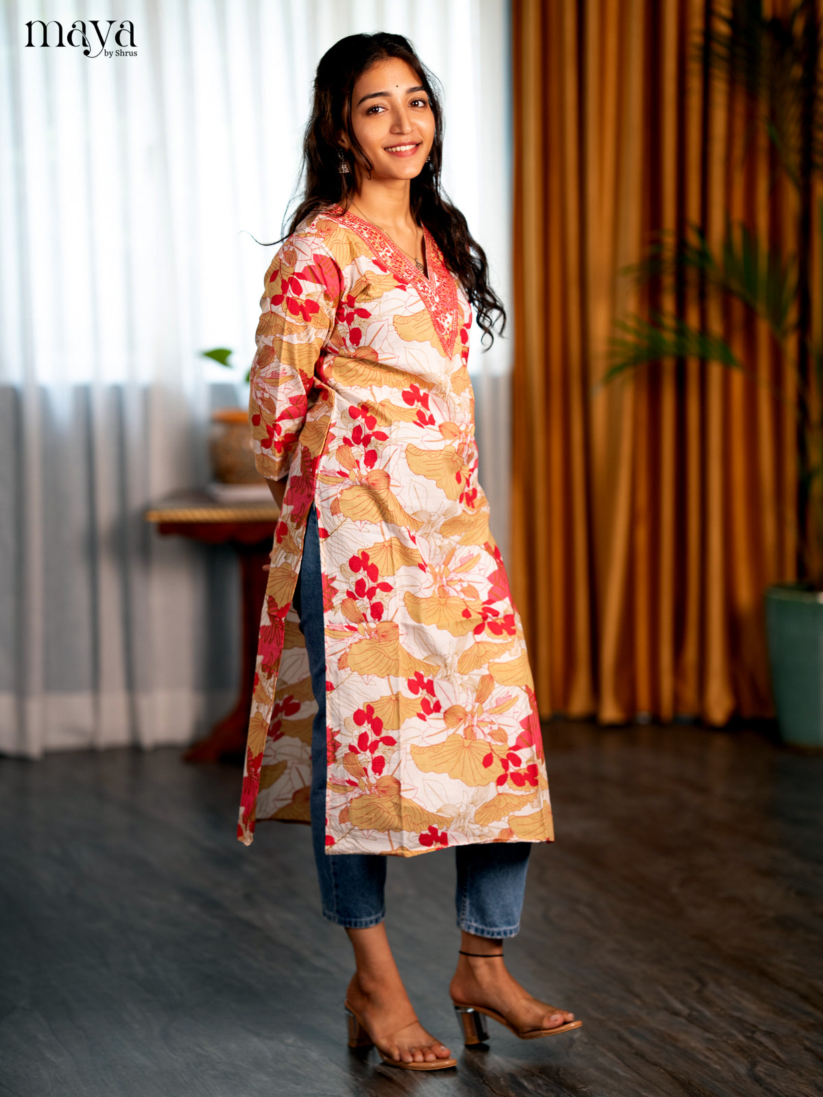 White with Pink Floral Printed Cotton Straight Kurti - Shop on Shrus.com