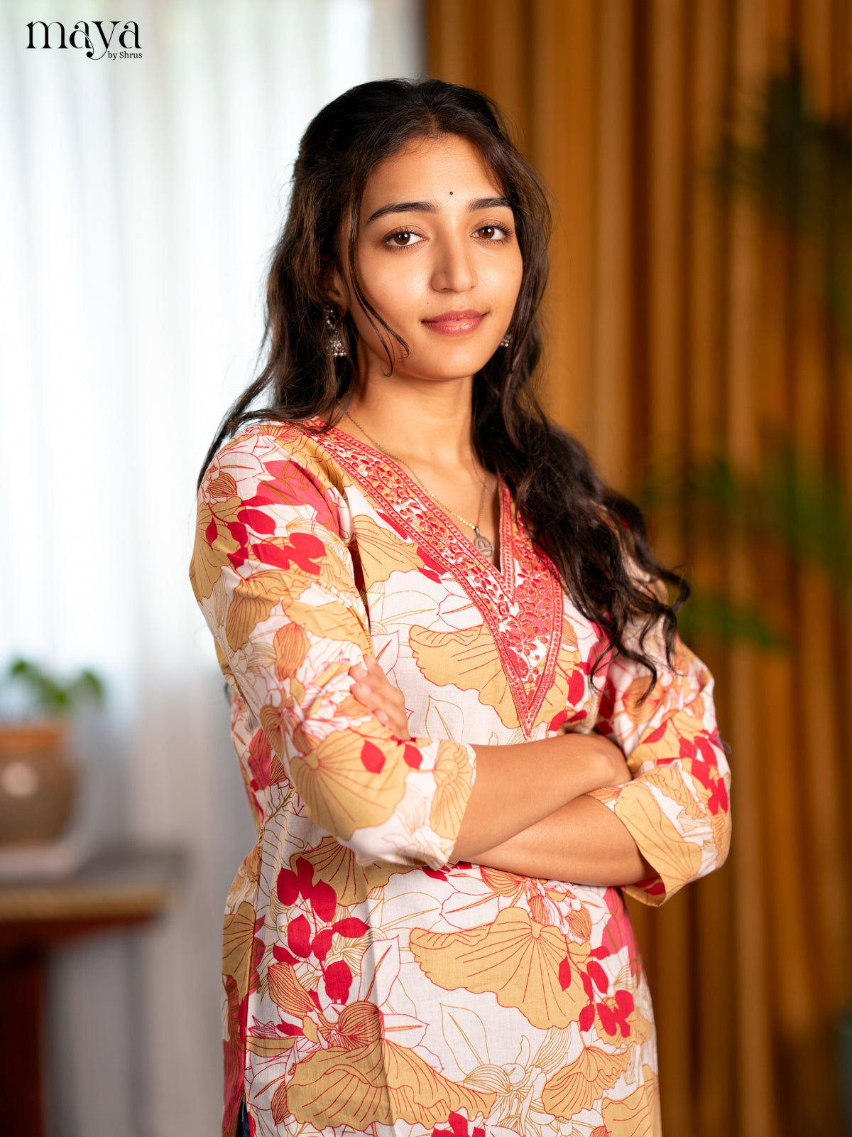 White with Pink Floral Printed Cotton Straight Kurti - Shop on Shrus.com