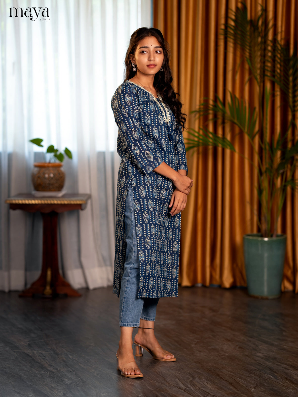 Indigo Blue Geometric Printed Cotton Straight Kurti - Shop on Shrus.com