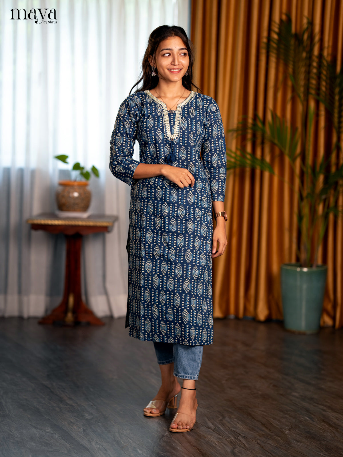 Indigo Blue Geometric Printed Cotton Straight Kurti - Shop on Shrus.com