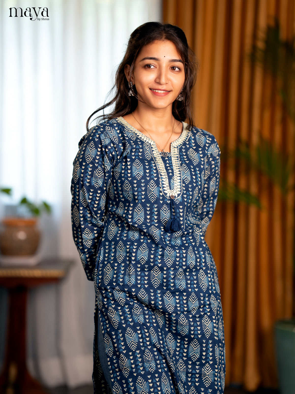 Indigo Blue Geometric Printed Cotton Straight Kurti - Shop on Shrus.com
