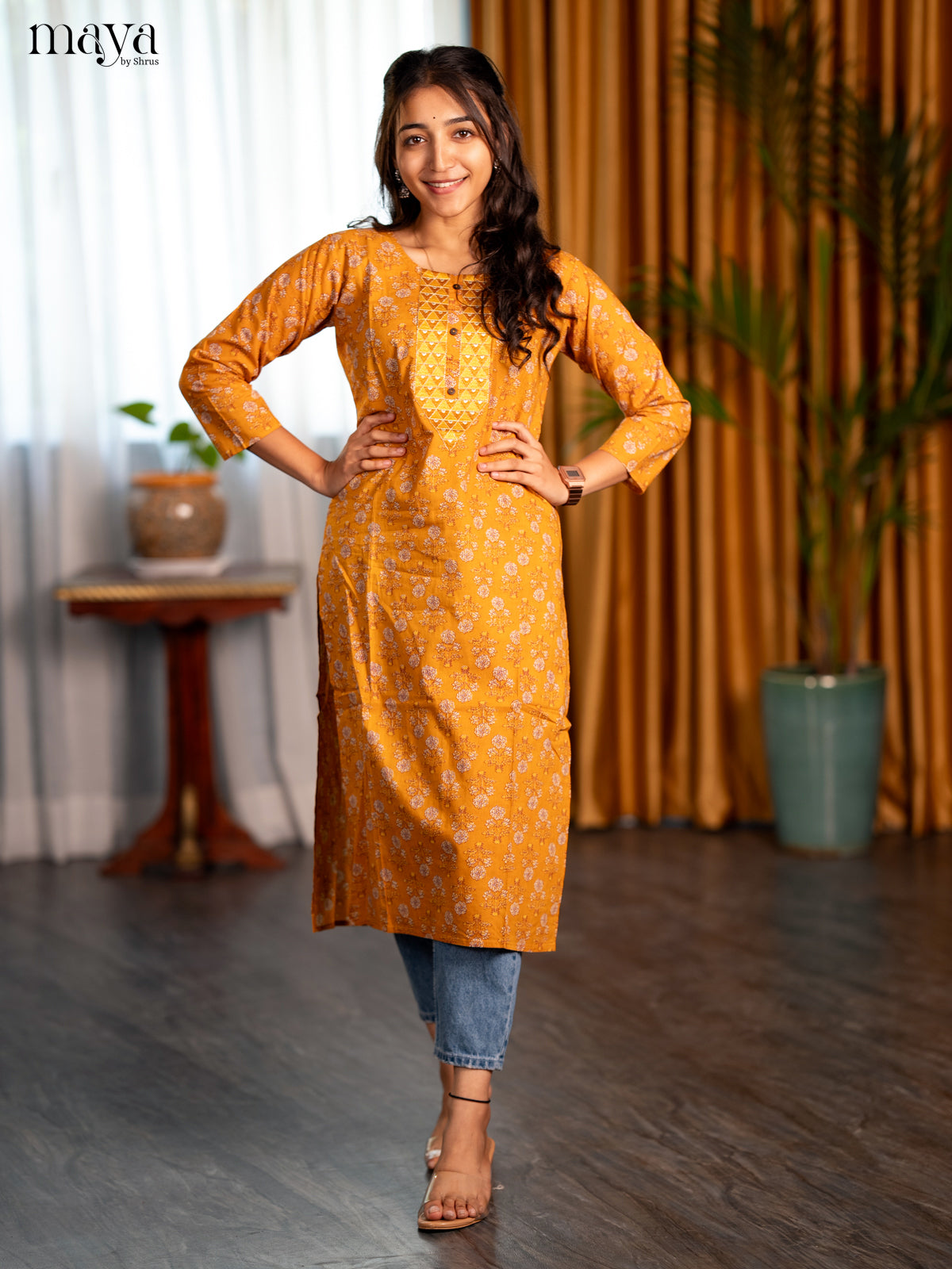 Mustard Yellow Floral Printed Cotton Straight Kurti - Shop on Shrus.com