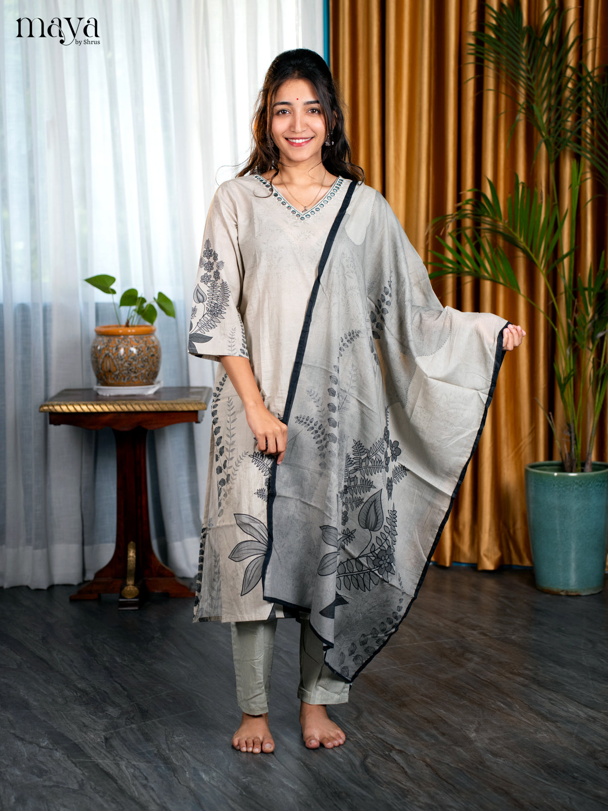 Pastel Green Cotton 3pc Salwar Suit with Floral Print - Top, Bottom & Dupatta - Shop on Shrus.com