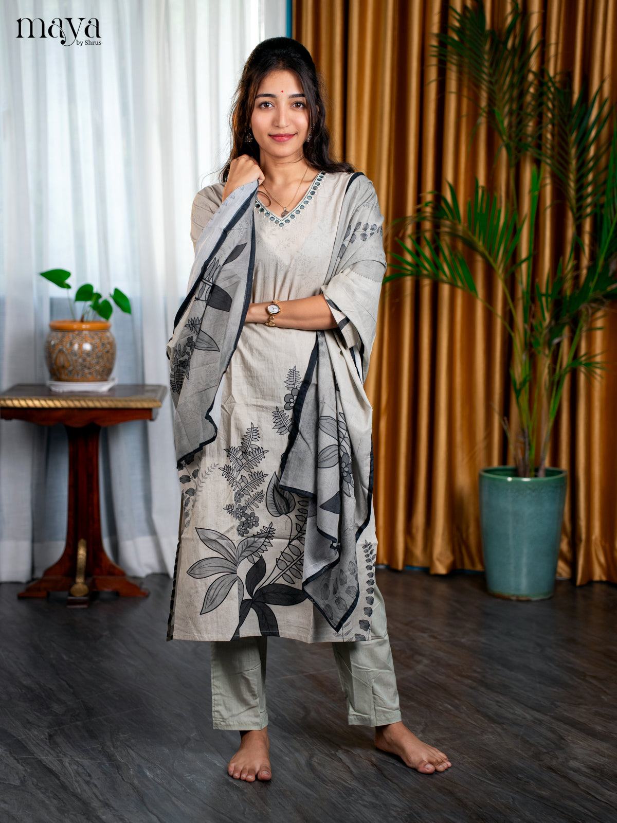 Pastel Green Cotton 3pc Salwar Suit with Floral Print - Top, Bottom & Dupatta - Shop on Shrus.com