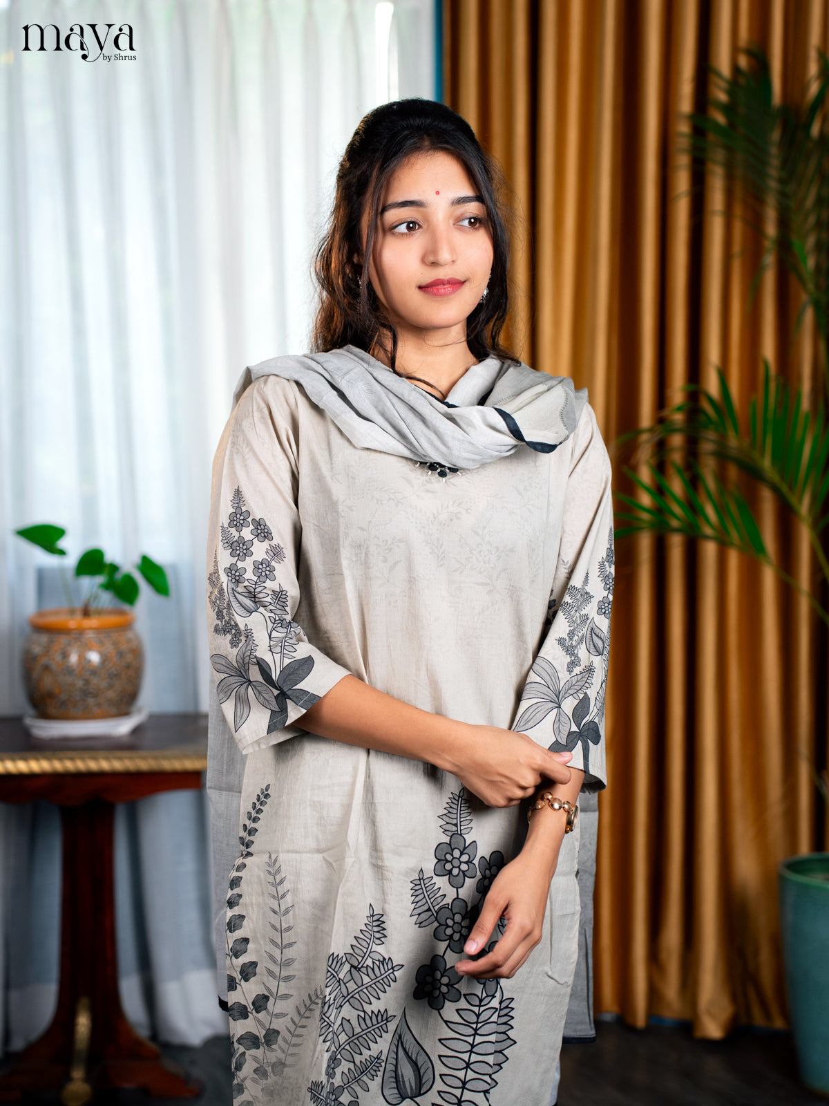 Pastel Green Cotton 3pc Salwar Suit with Floral Print - Top, Bottom & Dupatta - Shop on Shrus.com