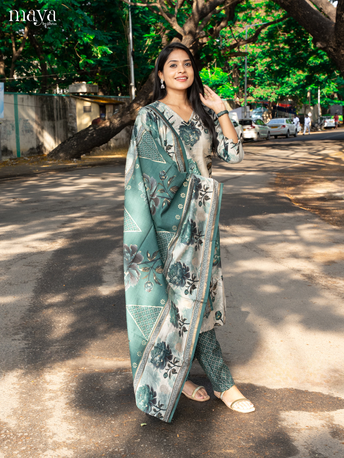 Pastel Green with Bottle Green Rayon 3pc Salwar Suit with Floral Print - Top,Bottom & Dupatta - Shop on Shrus.com