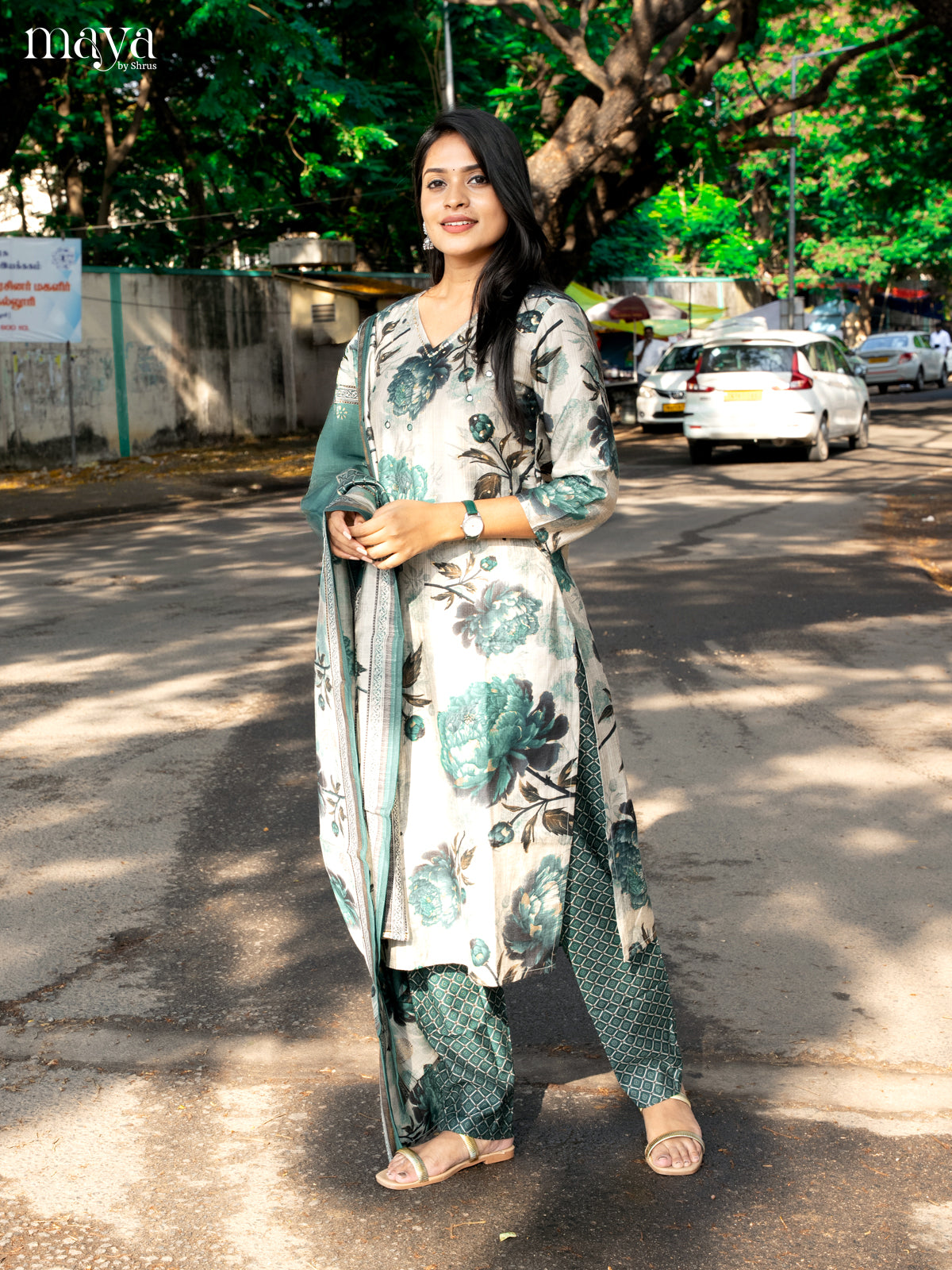 Pastel Green with Bottle Green Rayon 3pc Salwar Suit with Floral Print - Top,Bottom & Dupatta - Shop on Shrus.com