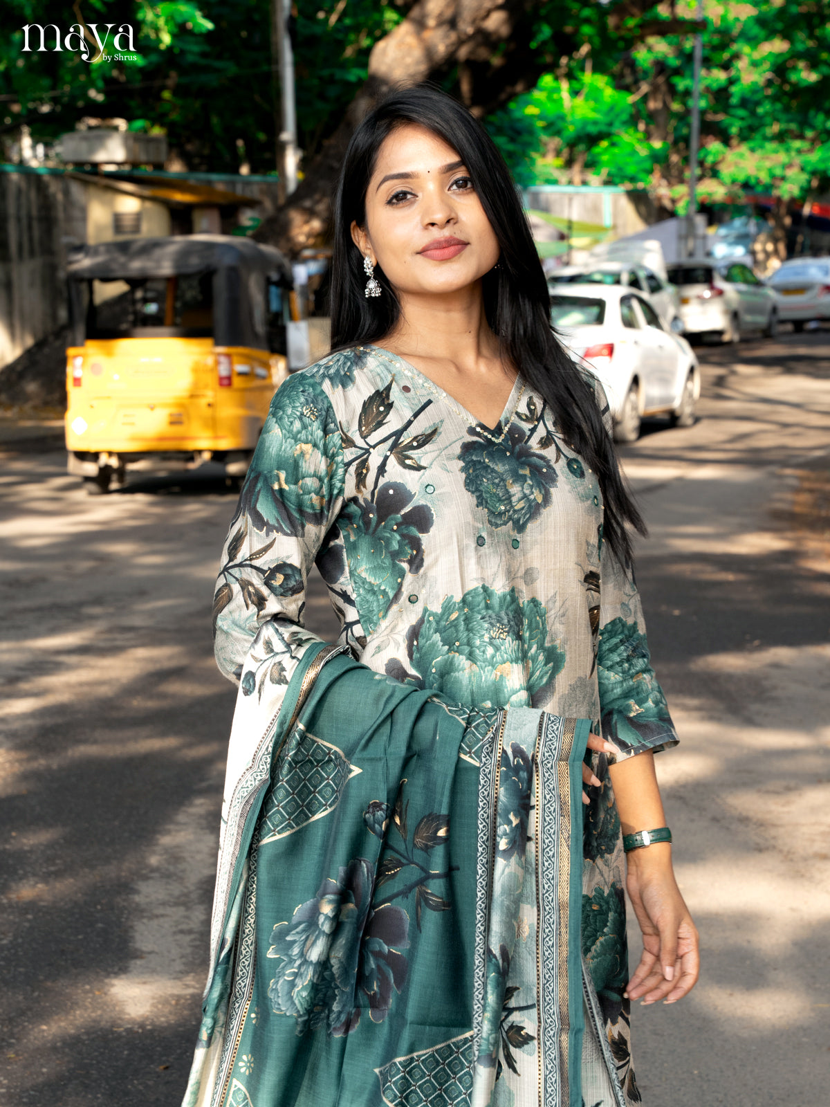 Pastel Green with Bottle Green Rayon 3pc Salwar Suit with Floral Print - Top,Bottom & Dupatta - Shop on Shrus.com