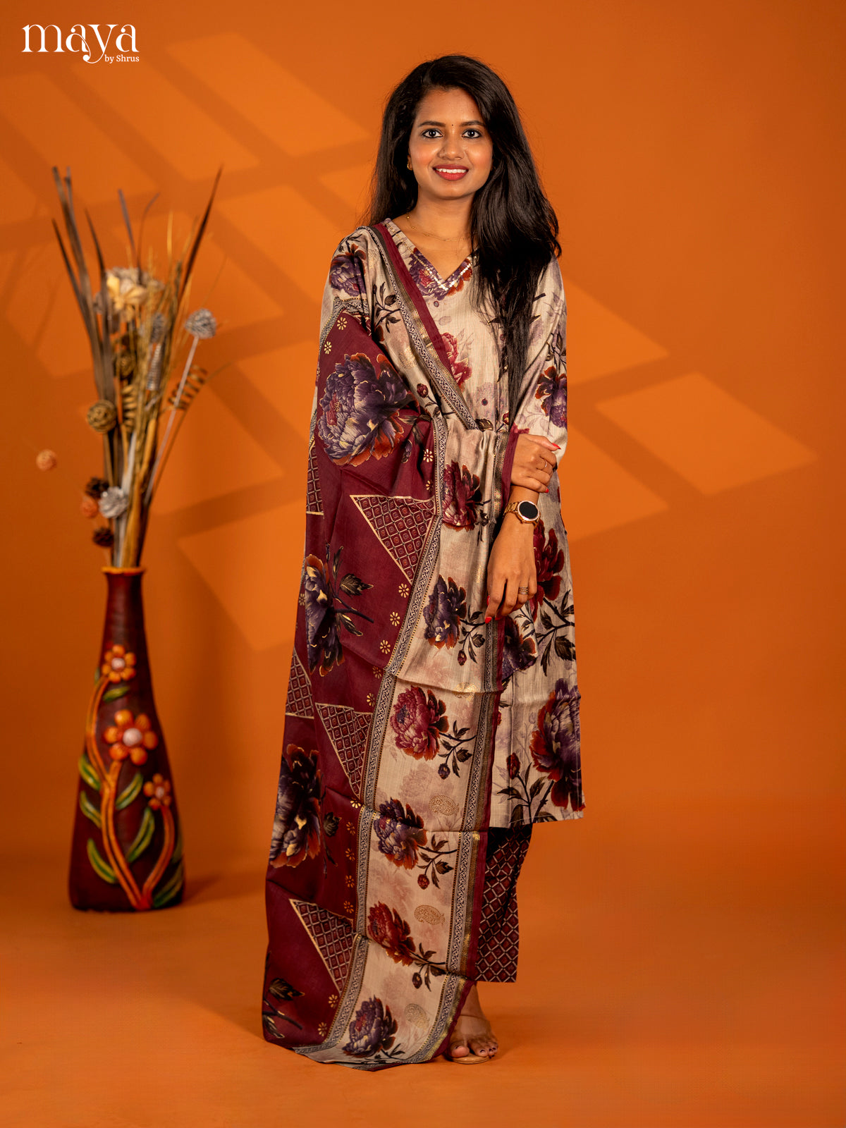 Beige with Maroon Rayon 3pc Salwar Suit with Floral Print - Top, Bottom & Dupatta - Shop on Shrus.com