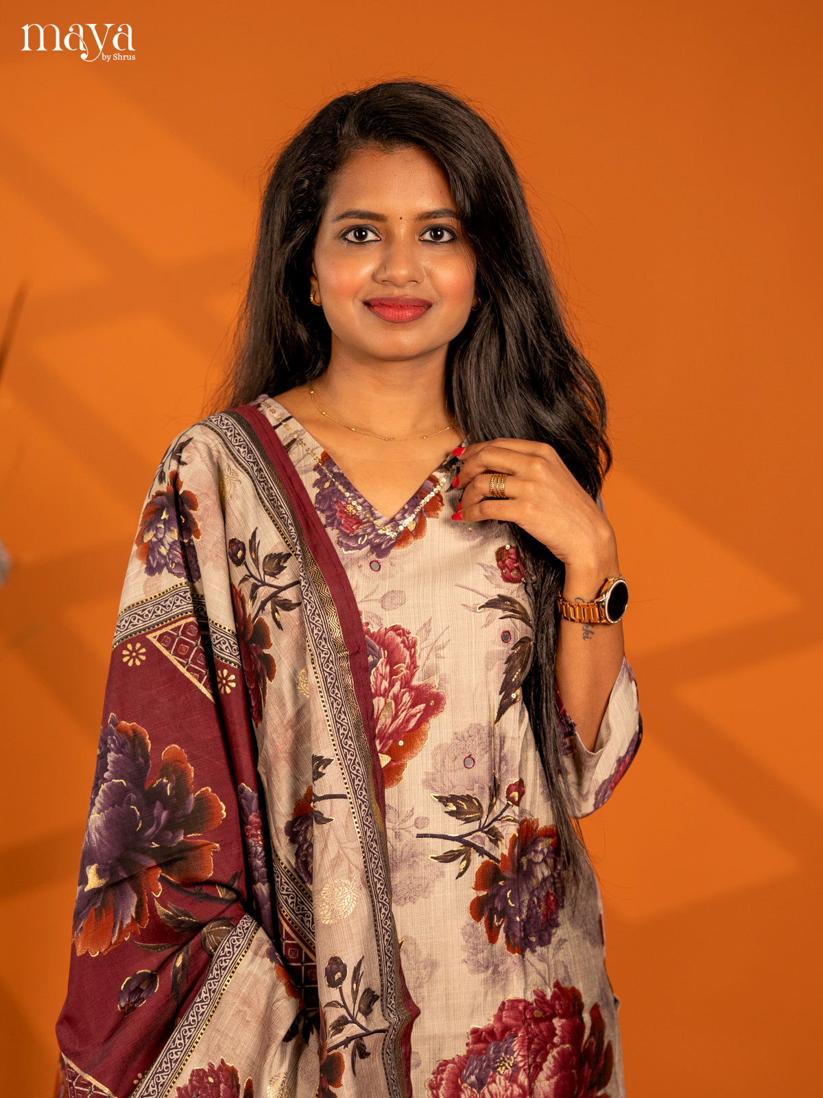 Beige with Maroon Rayon 3pc Salwar Suit with Floral Print - Top, Bottom & Dupatta - Shop on Shrus.com