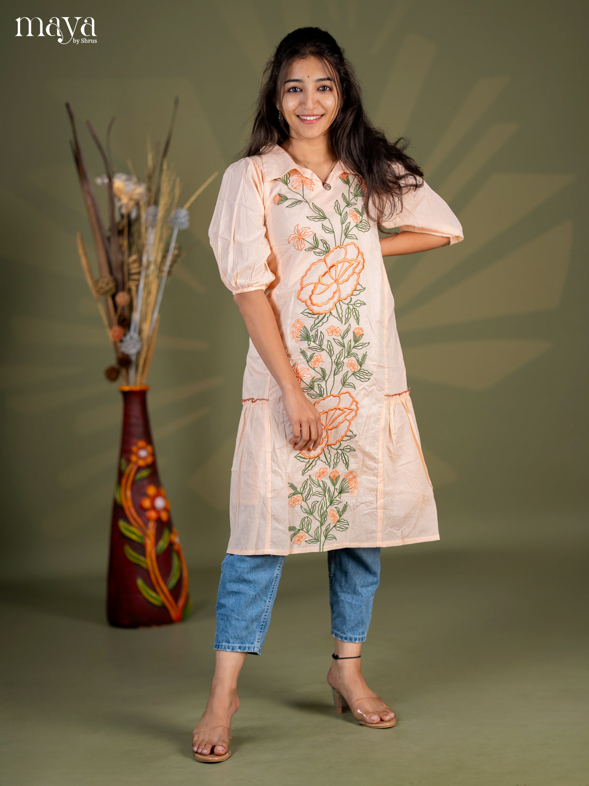 Peach Floral Printed Cotton Frock - Shop on Shrus.com