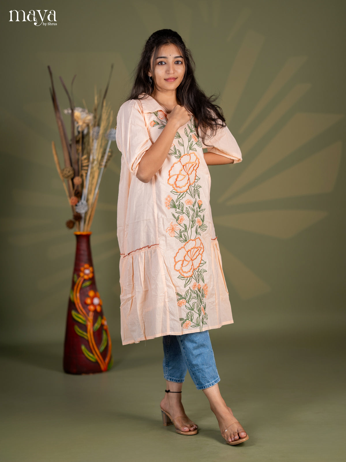 Peach Floral Printed Cotton Frock - Shop on Shrus.com