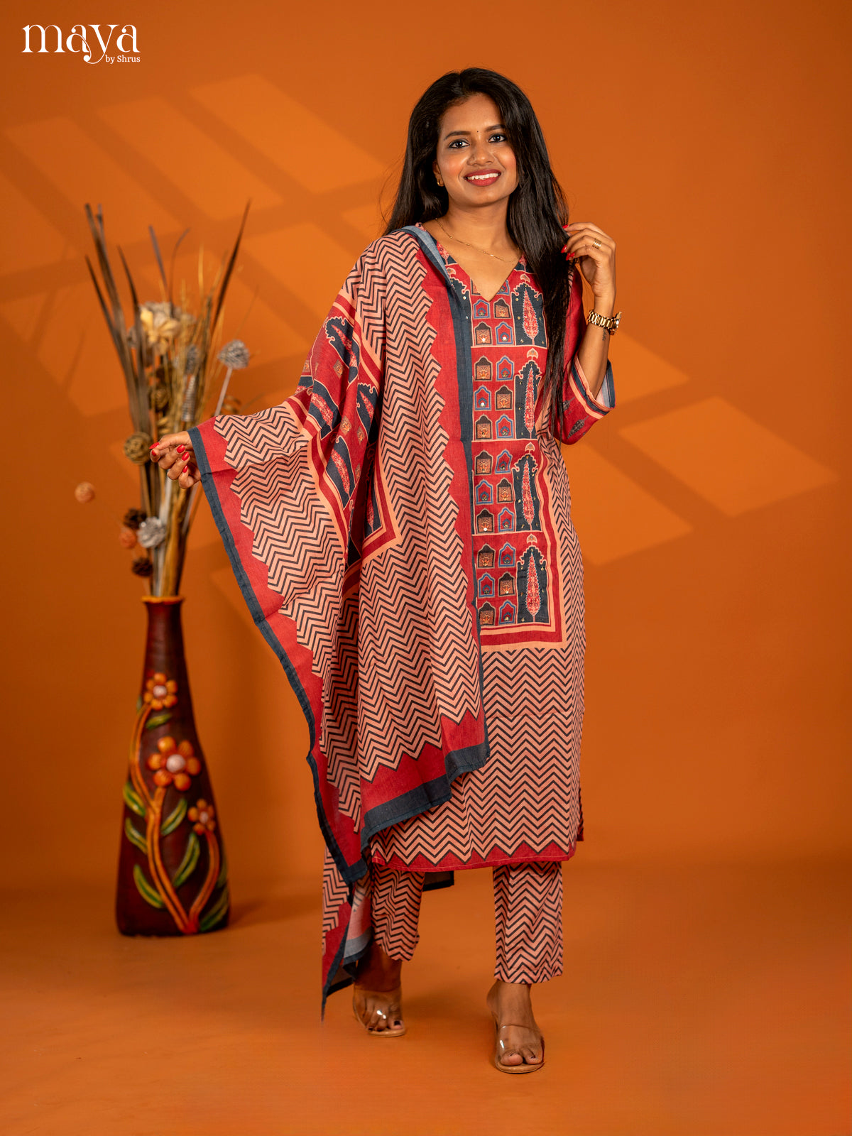 Peach with Maroon Mul Cotton 3pc Salwar Suit with Printed - Top, Bottom & Dupatta - Shop on Shrus.com