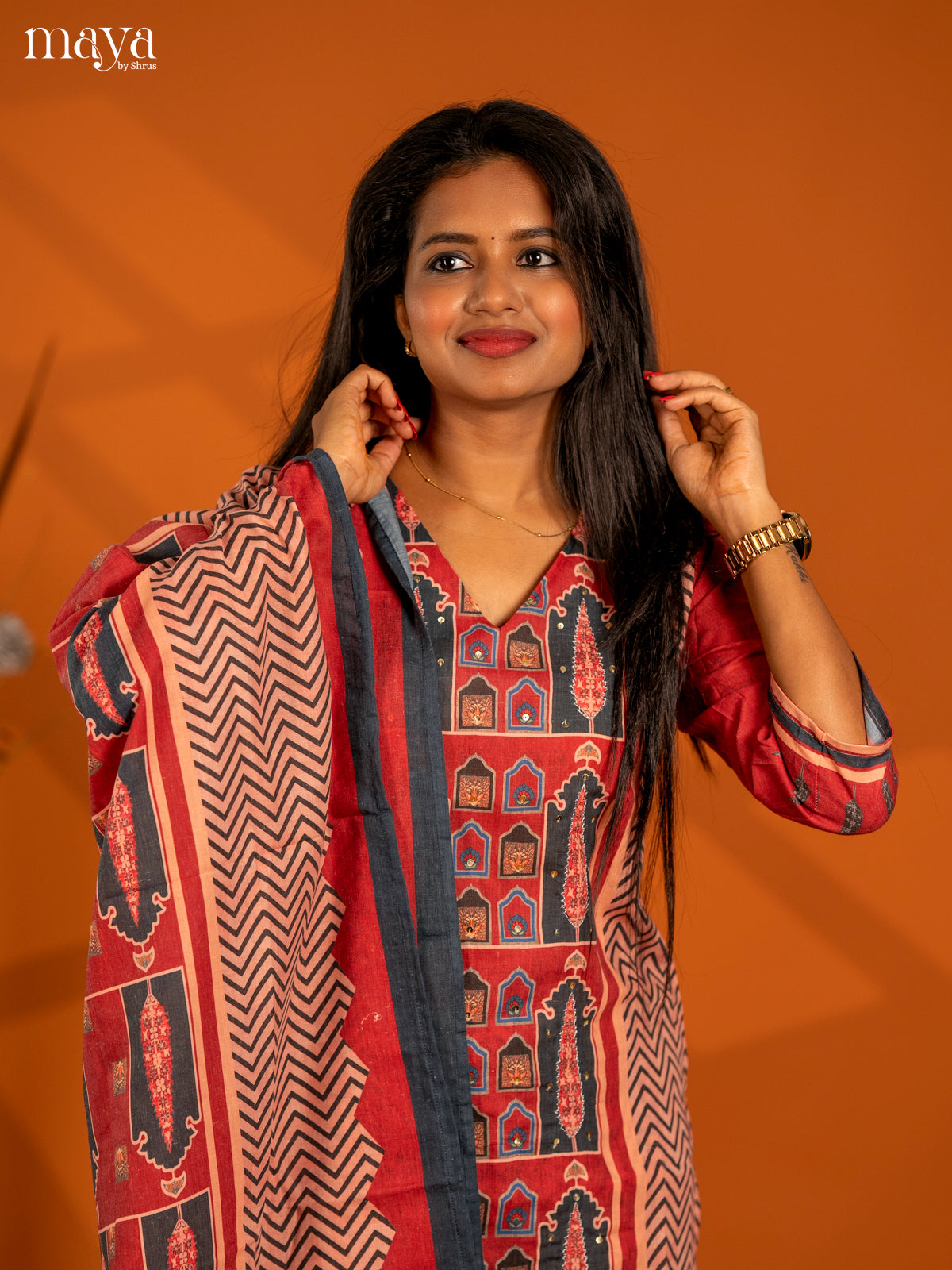 Peach with Maroon Mul Cotton 3pc Salwar Suit with Printed - Top, Bottom & Dupatta - Shop on Shrus.com