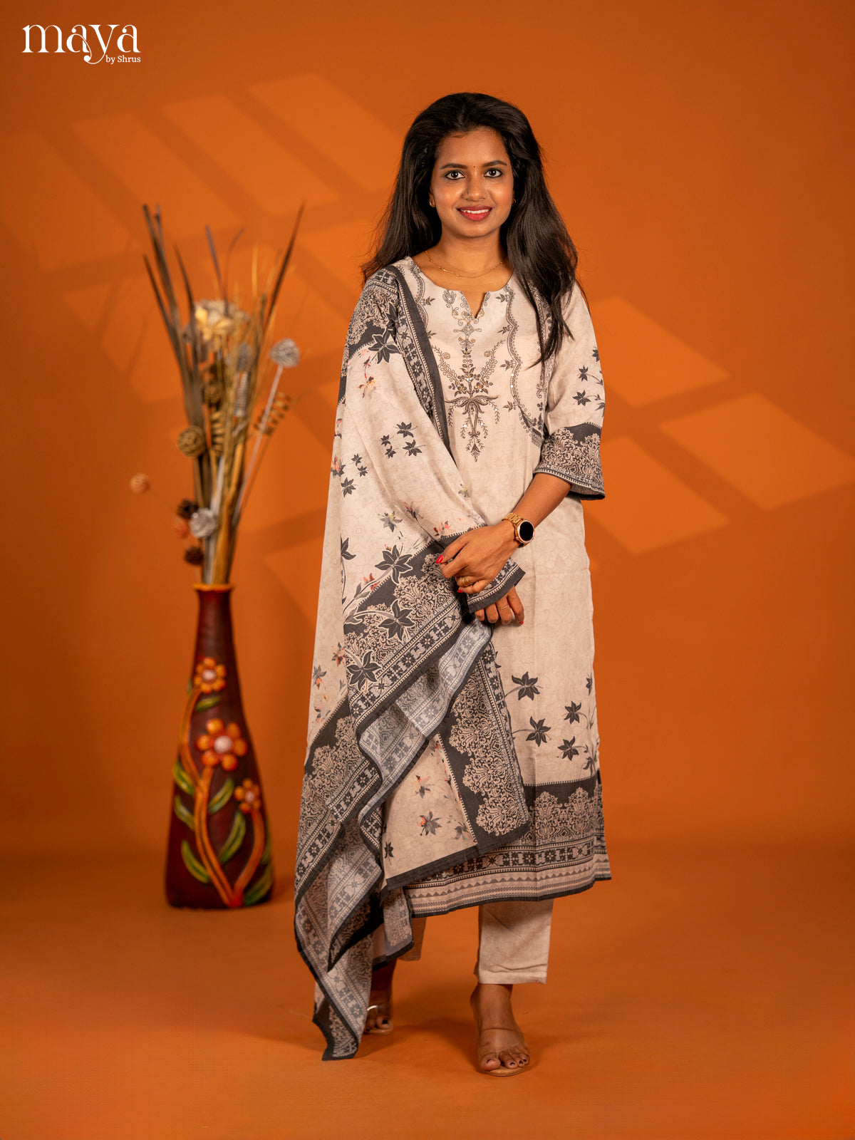 Grey Mul Cotton 3pc Salwar Suit with Floral Print - Top, Bottom & Dupatta - Shop on Shrus.com
