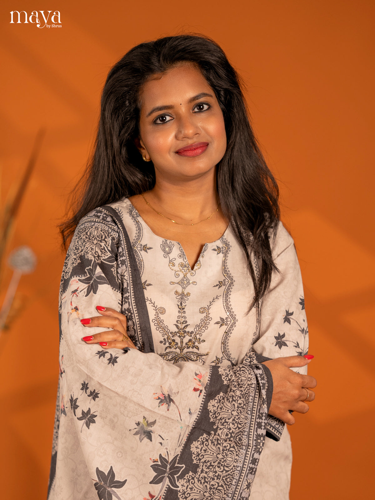 Grey Mul Cotton 3pc Salwar Suit with Floral Print - Top, Bottom & Dupatta - Shop on Shrus.com