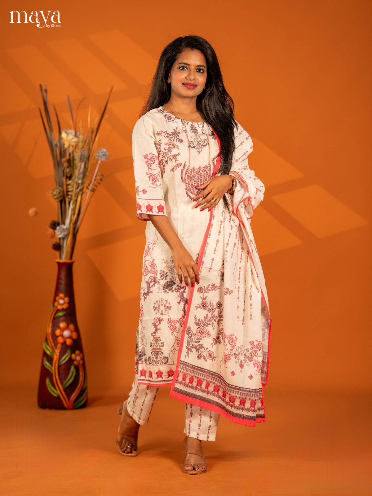 Off - white Mul Cotton 3pc Salwar Suit with Floral Print - Top, Bottom & Dupatta - Shop on Shrus.com
