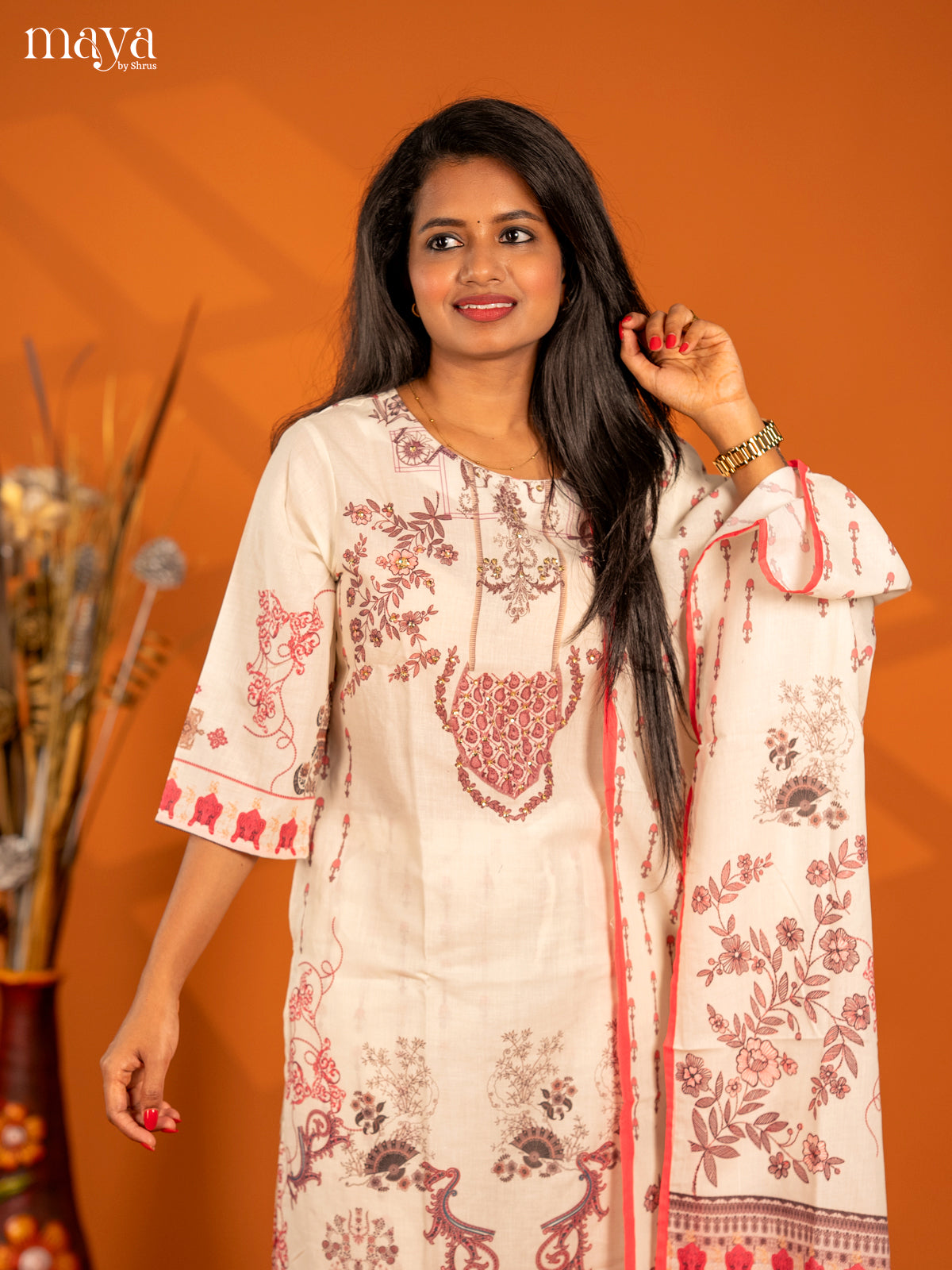 Off - white Mul Cotton 3pc Salwar Suit with Floral Print - Top, Bottom & Dupatta - Shop on Shrus.com