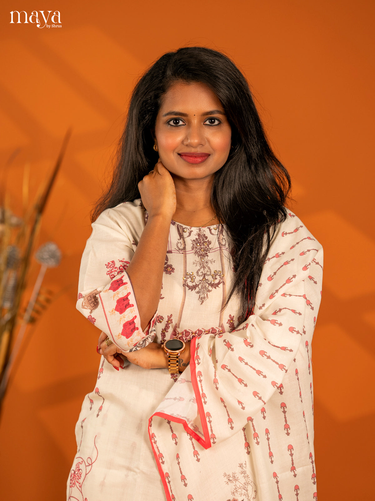 Off - white Mul Cotton 3pc Salwar Suit with Floral Print - Top, Bottom & Dupatta - Shop on Shrus.com