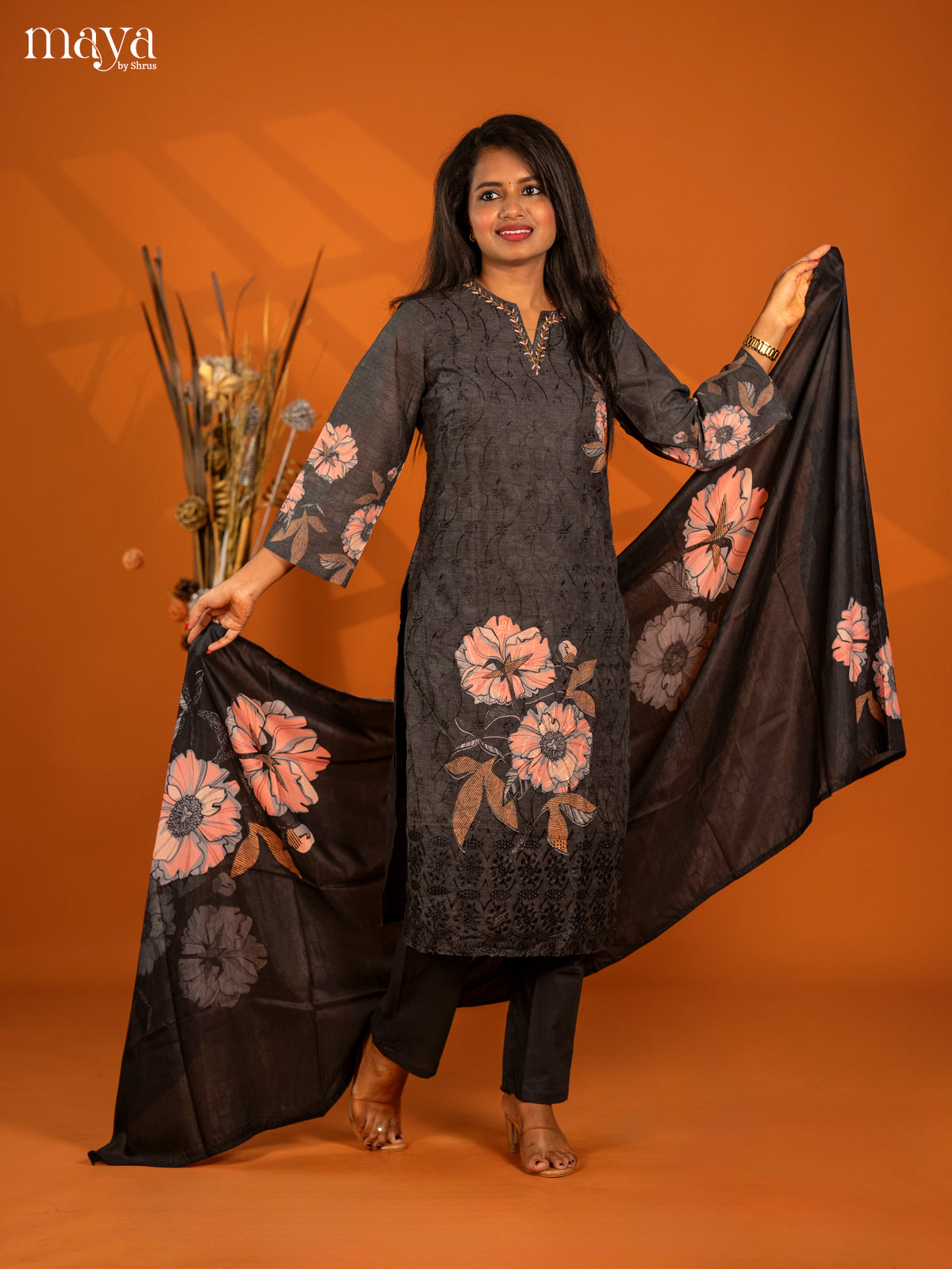 Grey Cotton 3pc Salwar Suit with Chikankari Floral Print - Top, Bottom & Dupatta - Shop on Shrus.com