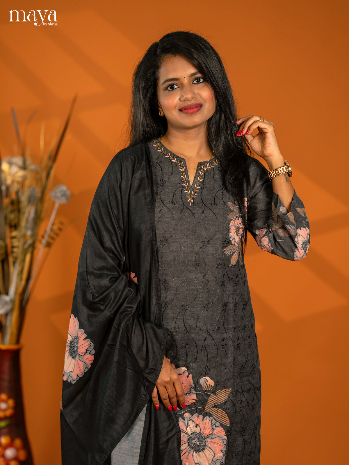 Grey Cotton 3pc Salwar Suit with Chikankari Floral Print - Top, Bottom & Dupatta - Shop on Shrus.com