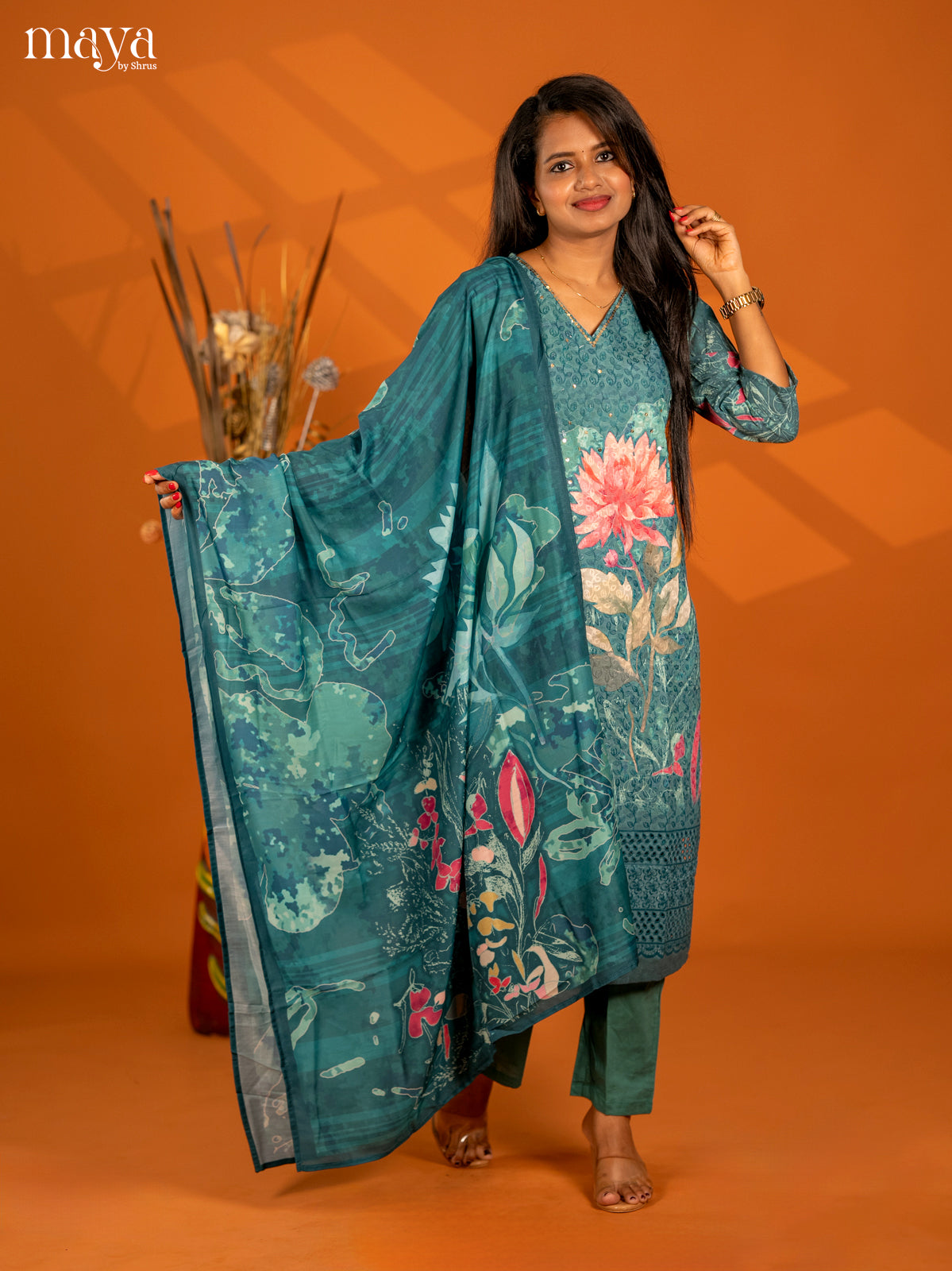 Rama Blue Cotton 3pc Salwar Suit with Chikankari Floral Print - Top, Bottom & Dupatta - Shop on Shrus.com