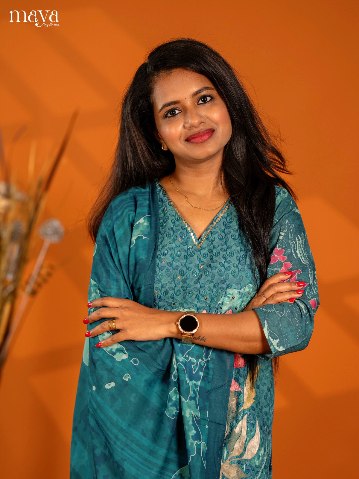 Rama Blue Cotton 3pc Salwar Suit with Chikankari Floral Print - Top, Bottom & Dupatta - Shop on Shrus.com