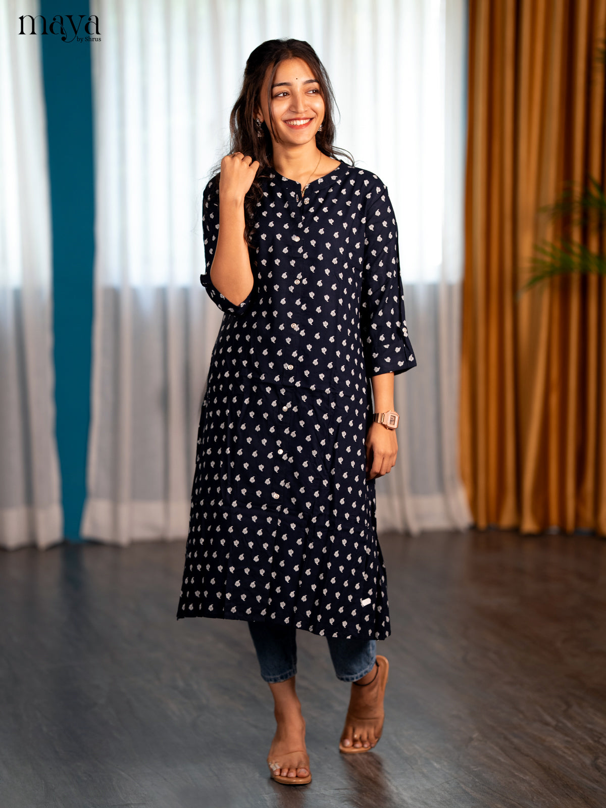 Navy Blue Floral Printed rayon Print Rayon A - Line Kurti - Shop on Shrus.com