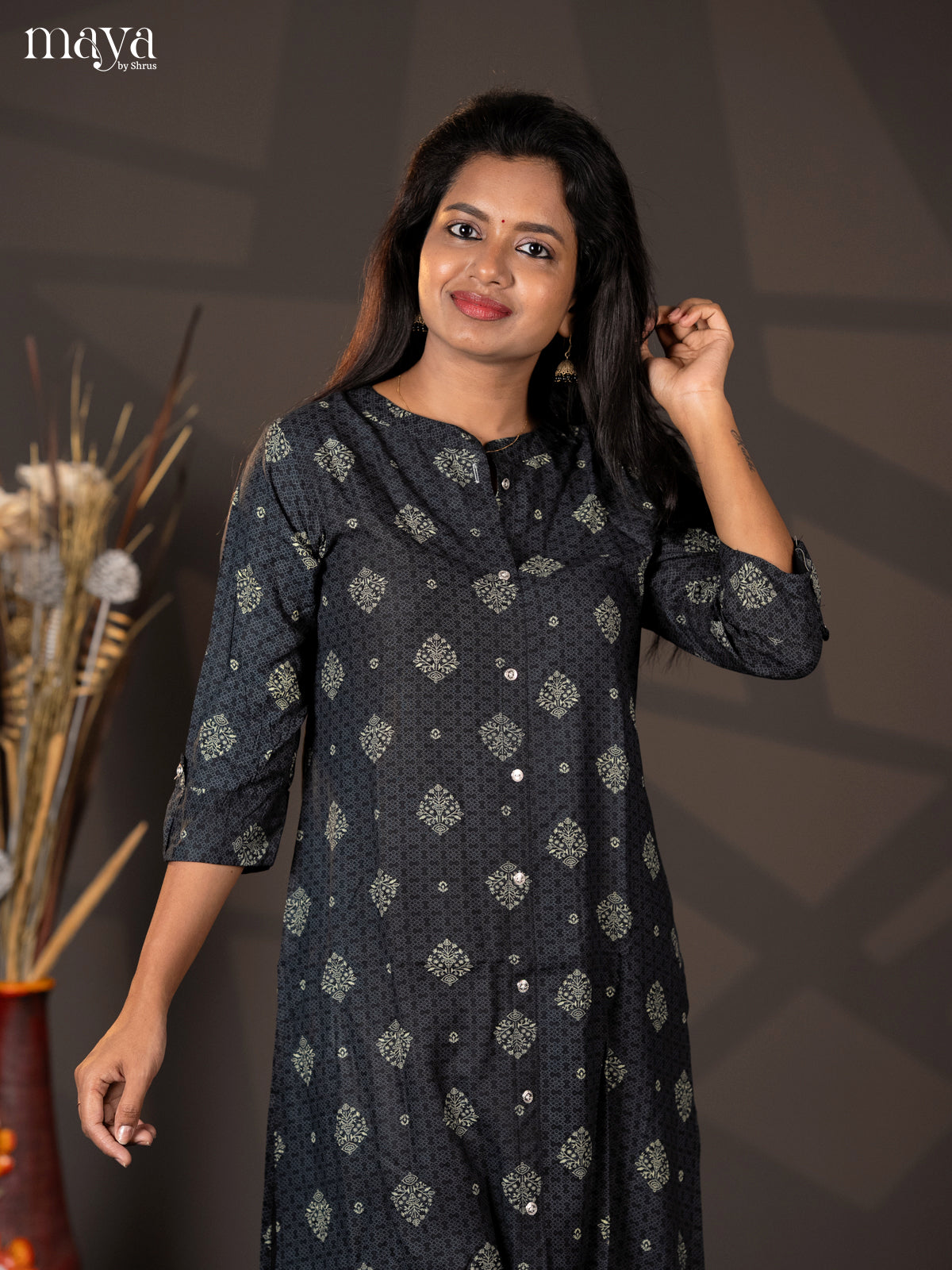 Black Floral Printed Rayon A - Line Kurti - Shop on Shrus.com