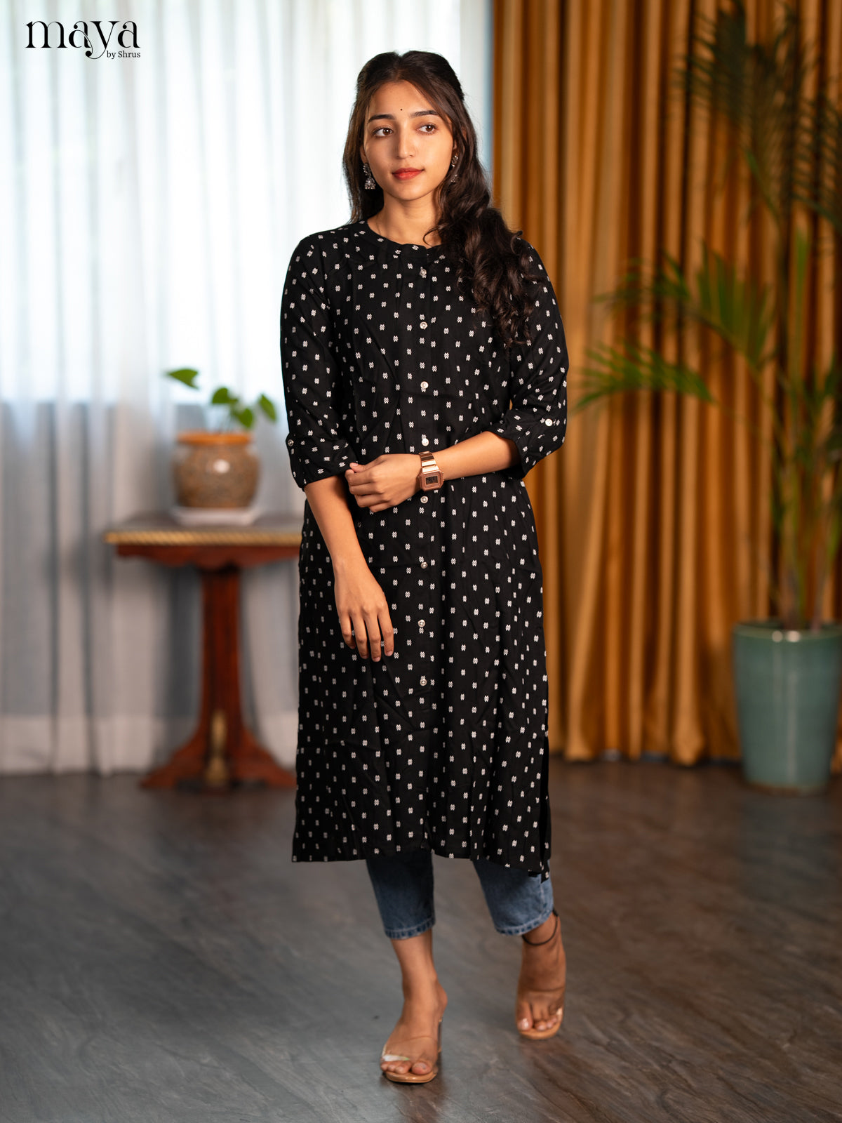 Black Floral Printed Rayon A - Line Kurti - Shop on Shrus.com