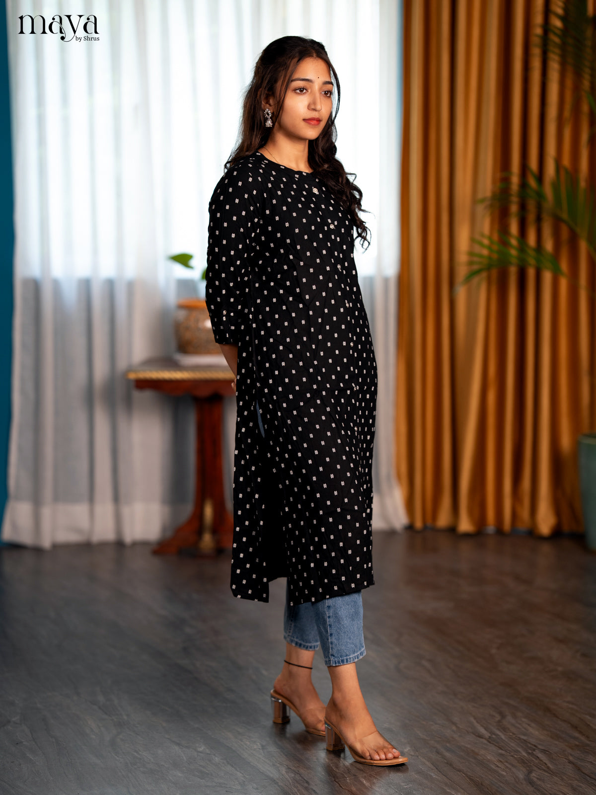 Black Floral Printed Rayon A - Line Kurti - Shop on Shrus.com