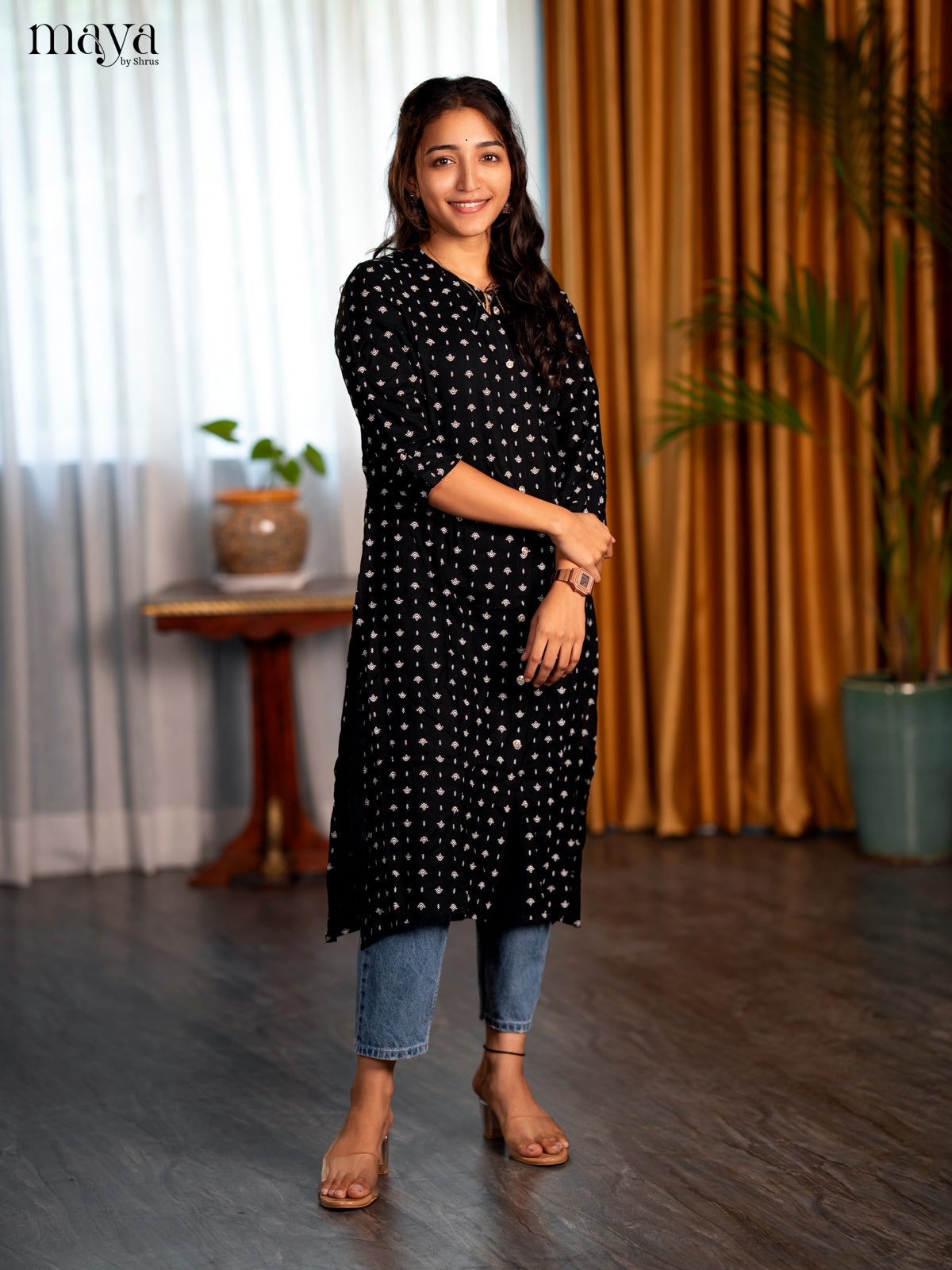 Black Motif Printed Rayon A - Line Kurti - Shop on Shrus.com