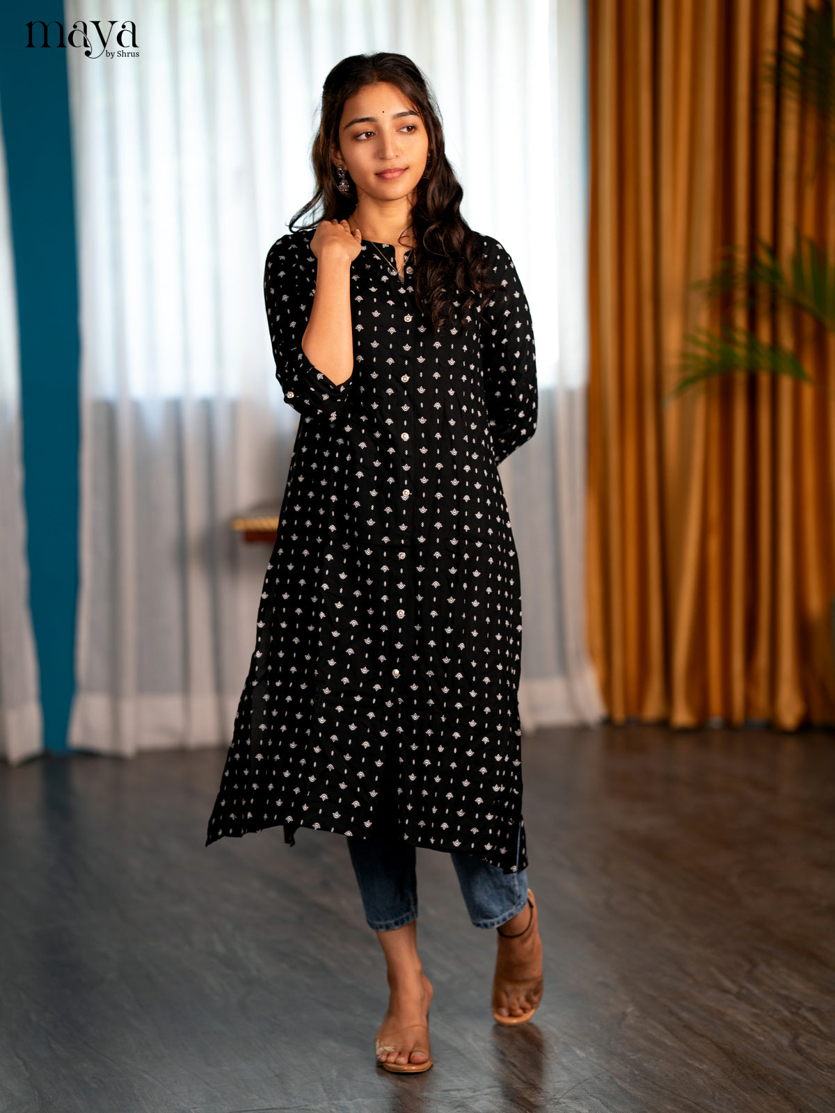 Black Motif Printed Rayon A - Line Kurti - Shop on Shrus.com