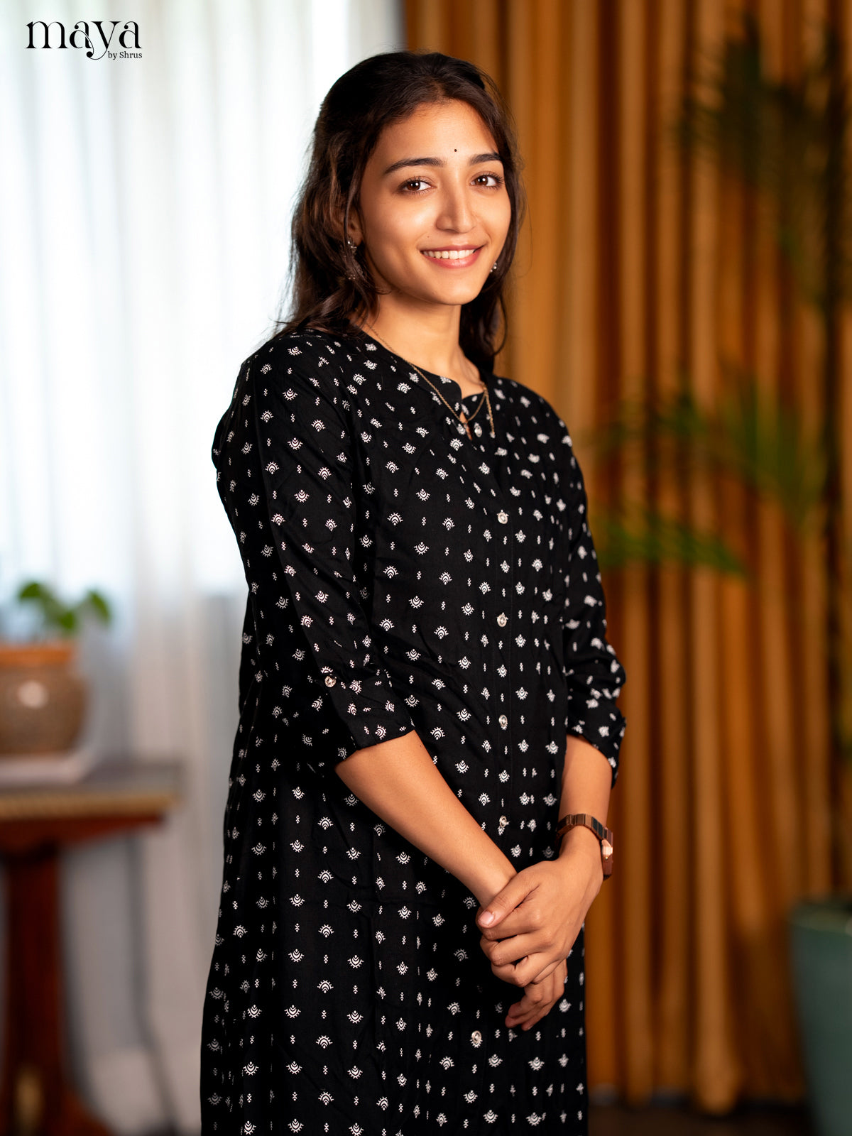 Black Motif Printed Rayon A - Line Kurti - Shop on Shrus.com