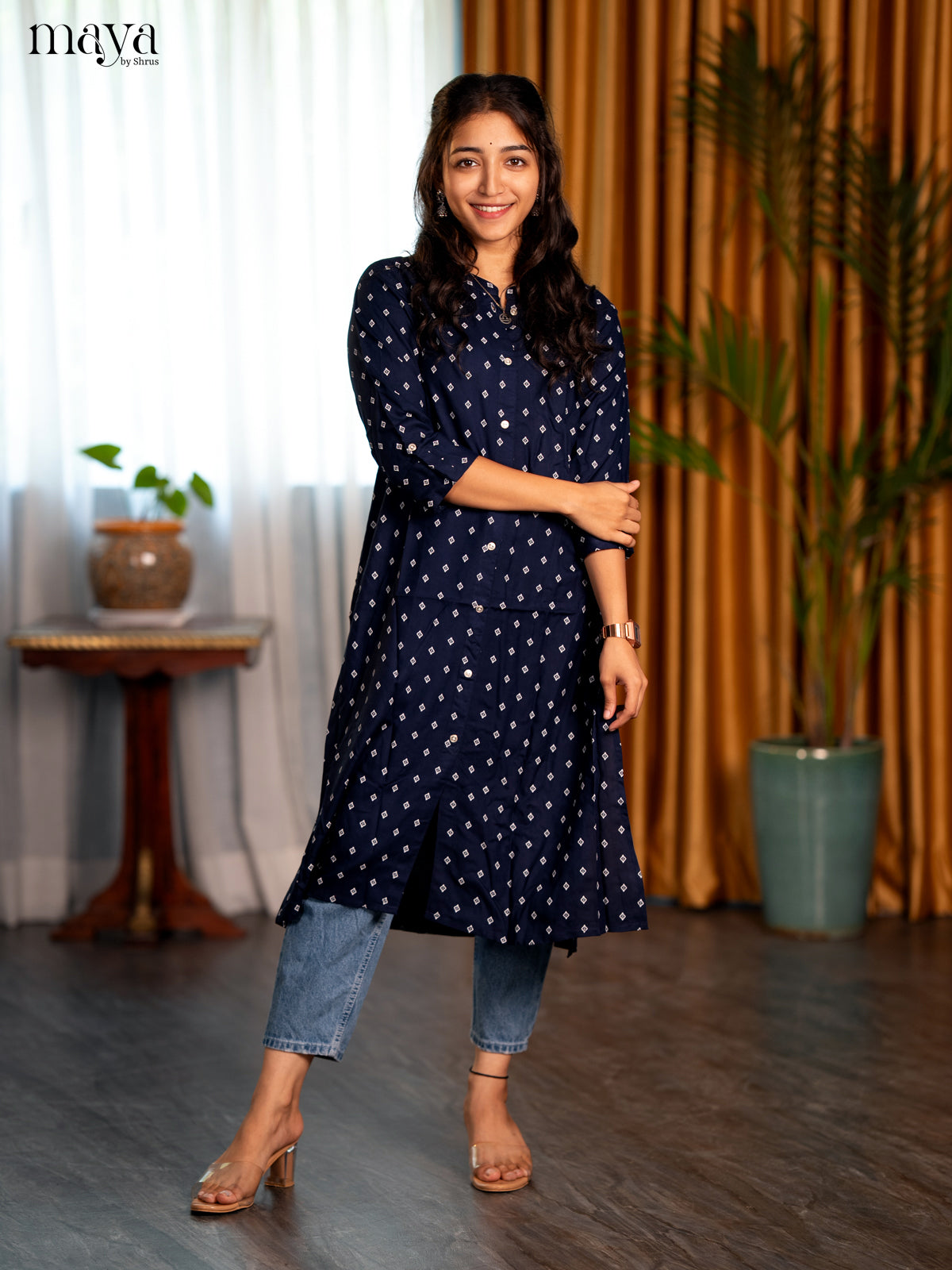 Navy Blue Motif Printed Rayon A - Line Kurti - Shop on Shrus.com