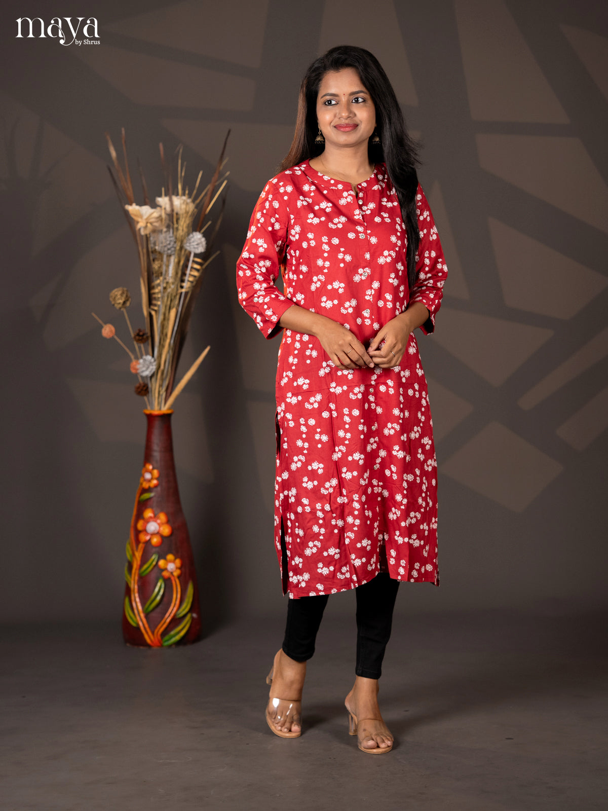 Dark red Floral Printed Rayon A- Line Kurti - Shop on Shrus.com