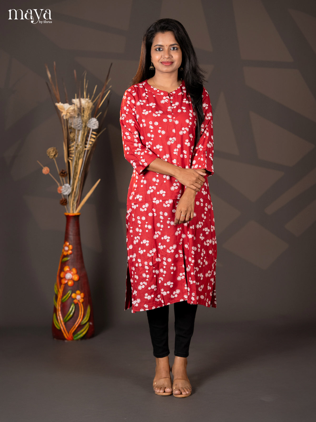 Dark red Floral Printed Rayon A- Line Kurti - Shop on Shrus.com