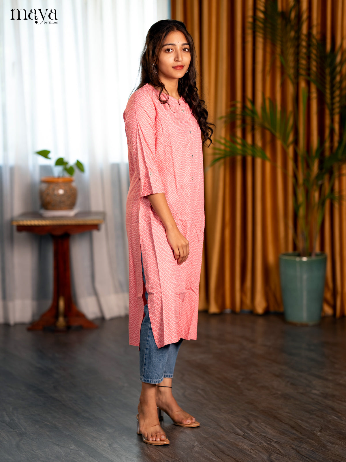 Baby pink Geometric Printed Rayon A - Line Kurti - Shop on Shrus.com