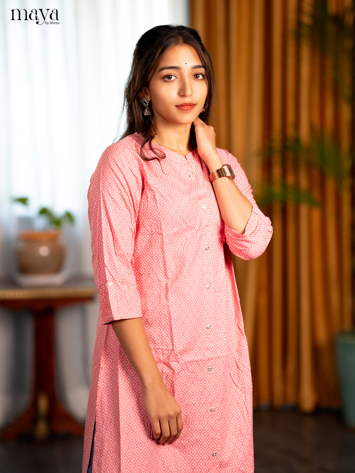 Baby pink Geometric Printed Rayon A - Line Kurti - Shop on Shrus.com