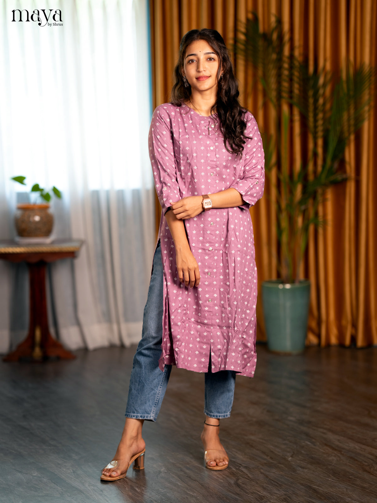 Onion Pink Motif Printed Rayon A - Line Kurti - Shop on Shrus.com